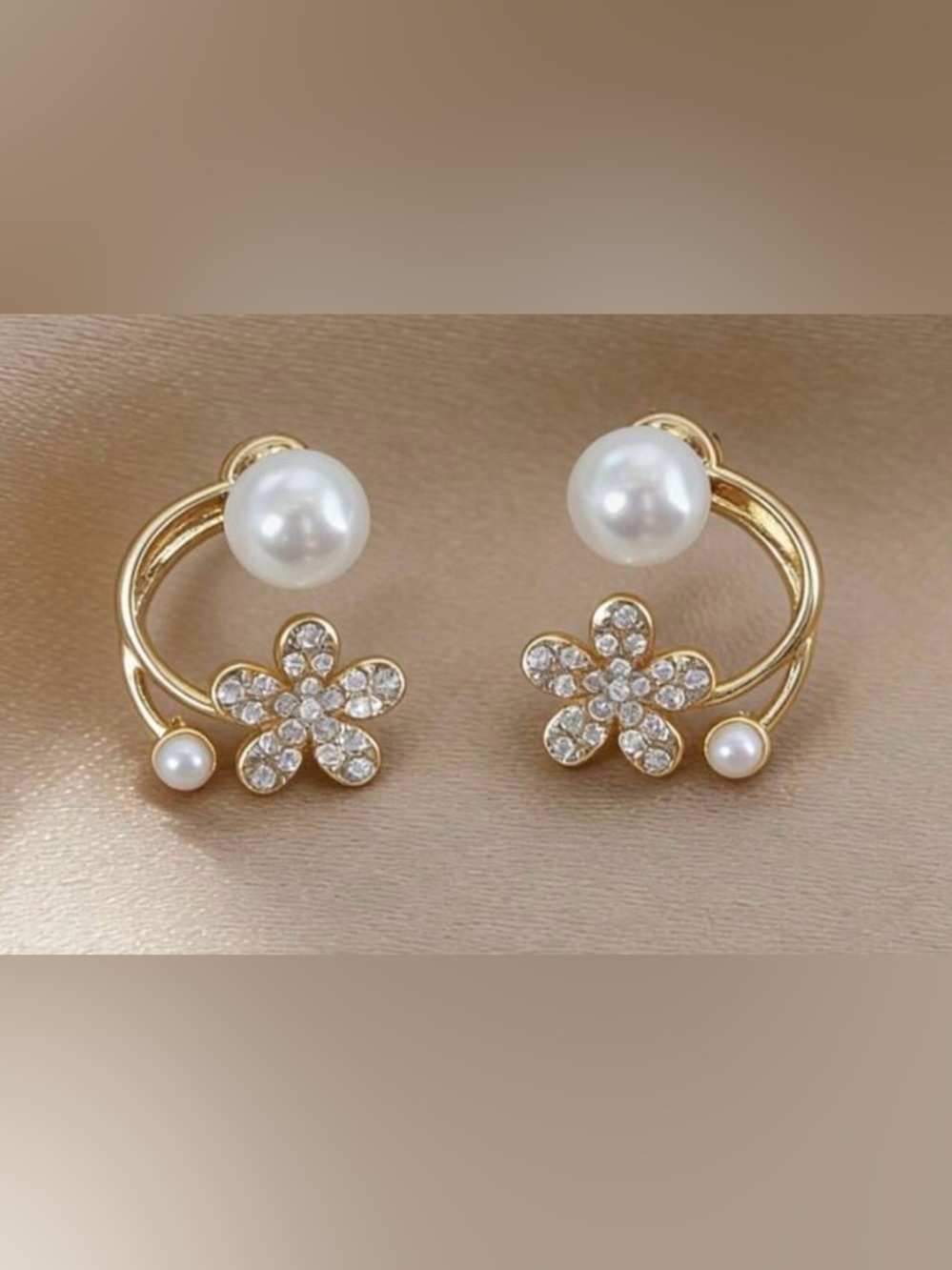 Gold Pearl & Crystal Flower Loop Earrings